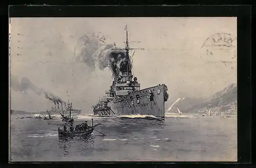 Künstler-AK Willy Stoewer: Panzerkreuzer Göben und Breslau verlassen gefechtsklar Messina