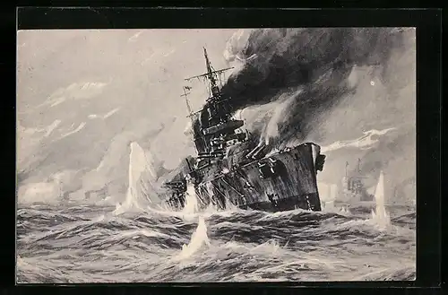 Künstler-AK Stoewer: Seegefecht in der Nordsee, Vernichtung eines engl. Schlachtkreuzers