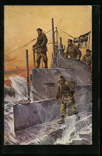 Künstler-AK Stoewer: Auf dem Kommandoturm eines U-Bootes, Plakat der U-Boot-Spende 1917
