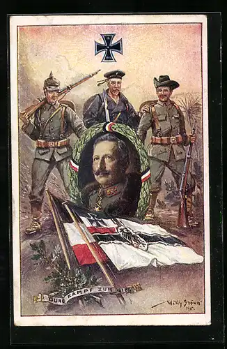 Künstler-AK Stoewer: Deutsche Kolonie, Durch Kampf zum Sieg, Portrait Kaiser Wilhelm I., Eisernes Kreuz