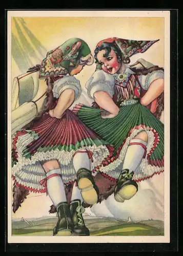 Künstler-AK Tanzende Kärntnerinnen in Tracht aus dem Gailtal
