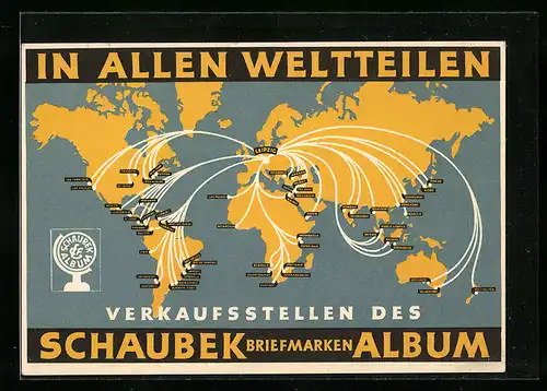 AK Schaubek Briefmarken Album Weltkarte mit Verkaufsstellen