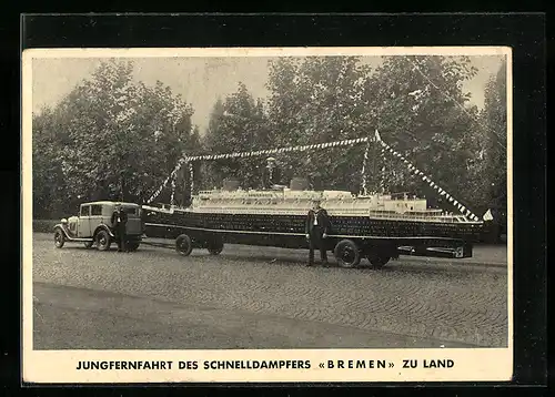 AK Jungfernfahrt des Schnelldampfers Bremen zu Land, Passagierschiff als Modell