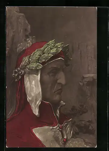 Künstler-AK Domenico Mastroianni: Dante im roten Gewand mit Blätterkranz