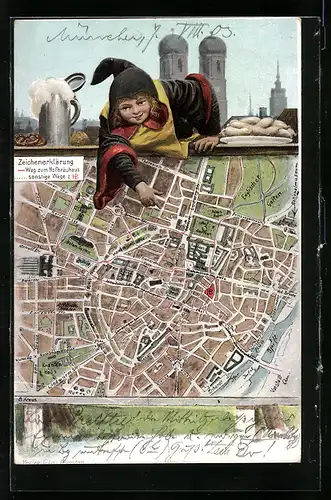 Künstler-AK München, Münchner Kindl zeigt auf einer Landkarte den Weg zum Hofbräuhaus
