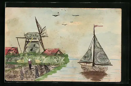 Künstler-AK Briefmarkencollage, Windmühle und Segelboot aus Briefmarken