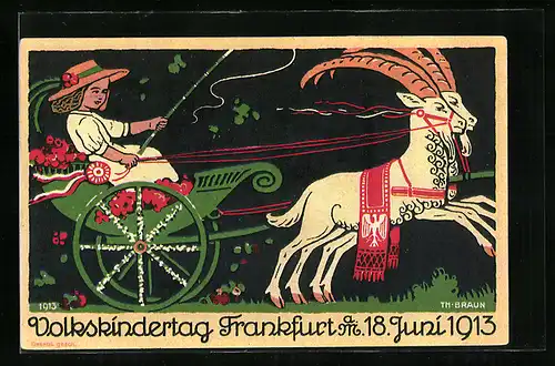 Künstler-AK Frankfurt a. M., Festpostkarte zum Volkskindertag 1913, Kind in Ziegenwagen