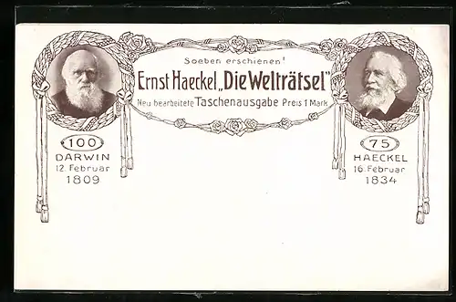 Künstler-AK Taschenausgabe von Ernst Haeckels Die Welträtsel, Porträts von Haeckel und Darwin