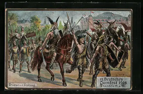 Künstler-AK Frankfurt a. M., 11. Deutsches Turnfest 1908, Germanengruppe a. d. Festzug
