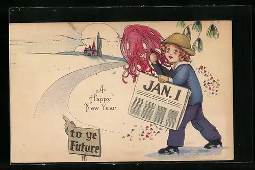 Künstler-AK Kind hält Zeitung vom 1. Januar in der Hand, Happy new Year