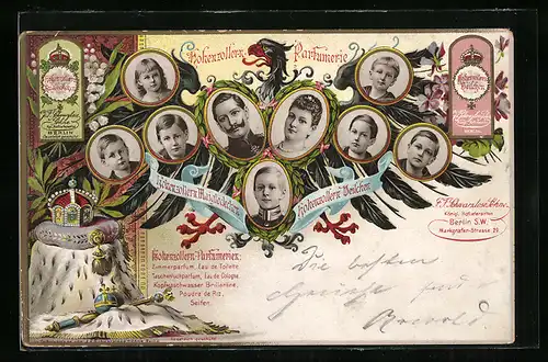 Lithographie Portraits des Kaiserpaares u. s. Kinder - Reklame für Hohenzollern-Parfümerie, J.F. Schwarzlose Söhne