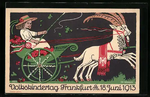 Künstler-AK Frankfurt a. M., Festpostkarte zum Volkskindertag 1913, Kind in Ziegenwagen