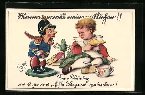 Künstler-AK Heinz Geilfus: Nussknacker will den Kuchen stehlen, denn er ist mit Wagner Pflanzenbutter gebacken, Reklame