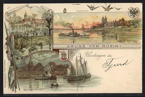 Lithographie Uerdingen, Kaiserswerth, Wittlaer, Ortsansicht