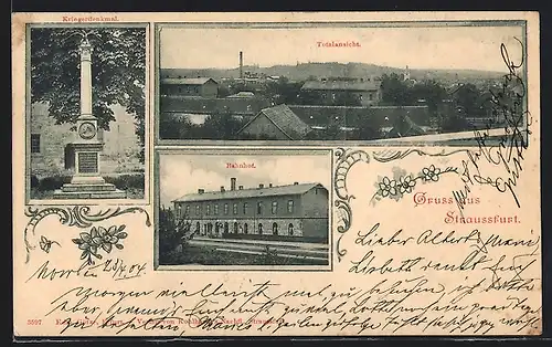 AK Straussfurt, Totalansicht, Bahnhof, Kriegerdenkmal
