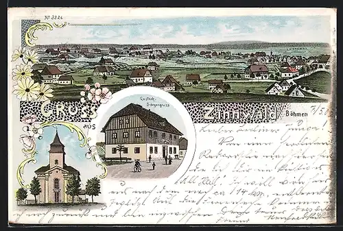 Lithographie Zinnwald, Gasthof Sängergruss, Kirche, Ortsansicht