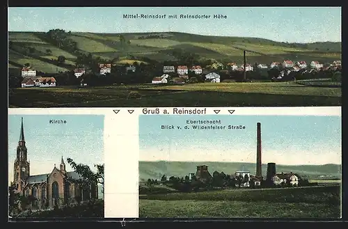 AK Reinsdorf, Mittel-Reinsdorf mit Reinsdorfer Höhe, Kirche, Blick von der Wildenfelser Strasse auf den Evertschacht