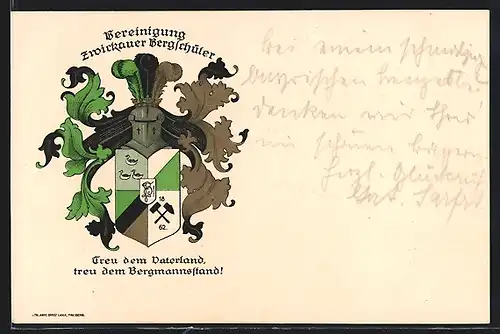 Künstler-AK Zwickau, Vereinigung Zwickauer Bergschüler, Ritterhelm und Studentenwappen