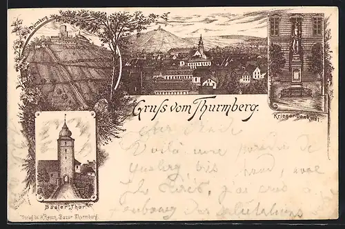 Vorläufer-Lithographie Thurmberg, 1890, Kriegerdenkmal, Basler Tor, Ortsansicht