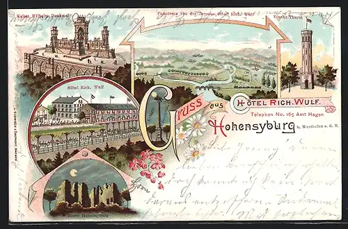 Lithographie Hohensyburg, Hotel Rich. Wulf, Kaiser Wilhelm Denkmal, Vincke-Turm