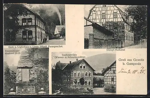 AK Geunitz b. Gumperda, Gast- und Logierhaus zur Linde, Dampf-Molkerei, Taubenmühle