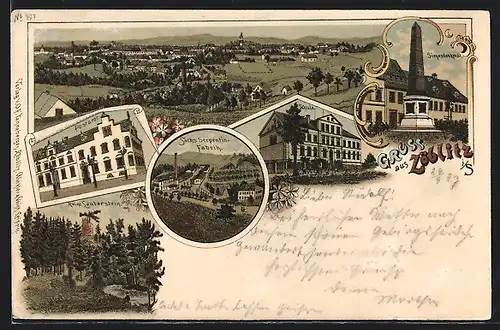 Lithographie Zöblitz, Sächs. Serpentin-Fabrik, Schule, Postamt, Siegendenkmal