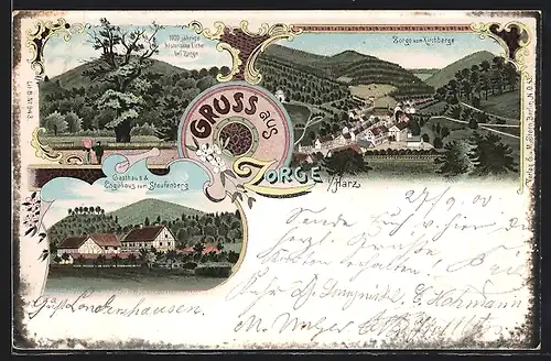 Lithographie Zorge i. H., Gasthaus zum Staufenberg, 1000 jährige Eiche, Ortsansicht