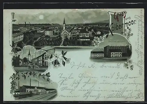 AK Kolbermoor, Baumwollspinnerei, Bahnhof, Thonwerk, Ortsansicht aus der Vogelschau