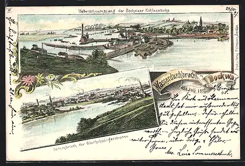 Lithographie Bockwa, Wasserdurchbruch, Dammbruch der Oberhohndorferstrasse