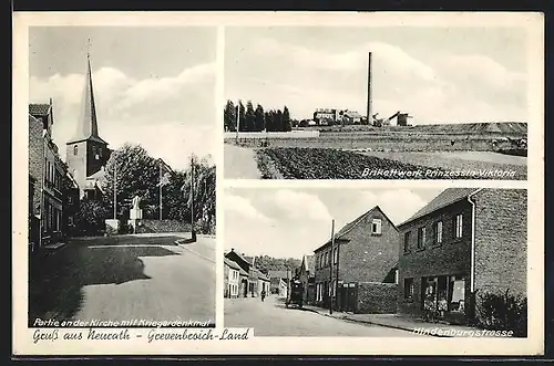 AK Neurath /Grevenbroich-Land, Kirche mit Kriegerdenkmal, Hindenburgstrasse, Brikettwerk Prinzessin Viktoria, Kohle
