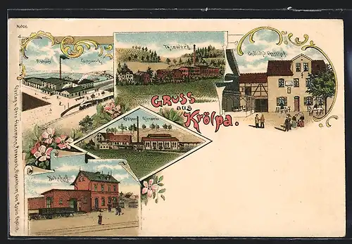 Lithographie Krölpa, Endlich`s Gasthof, Bahnhof, Krölpaer Gipswerke