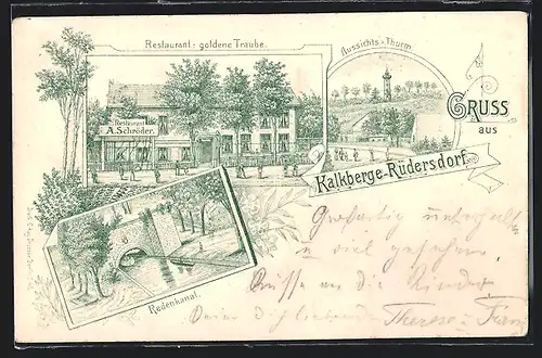 Lithographie Kalkberge-Rüdersdorf, Restaurant goldene Traube, Redenkanal, Aussichtsturm