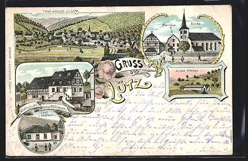 Lithographie Lütz, Gasthof von Anton Philipsen, Pfarrhaus und Kirche, Grube Himmel
