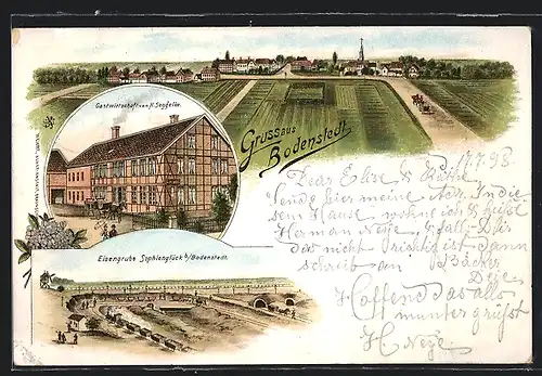 Lithographie Bodenstedt, Gasthof von H. Seggelke, Eisengrube Sophienglück