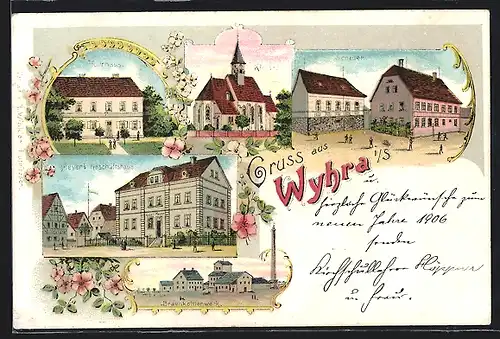 Lithographie Wyhra, Braunkohlewerk, Meyer's Geschäftshaus, Schulen