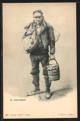 AK El Castanero, Spanier mit einem Holzeimer