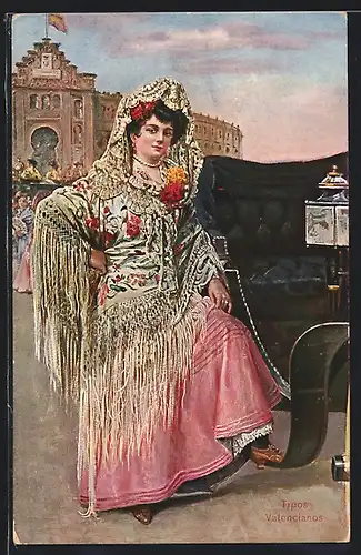 AK Junge Frau in spanischer Tracht steht neben einer Kutsche