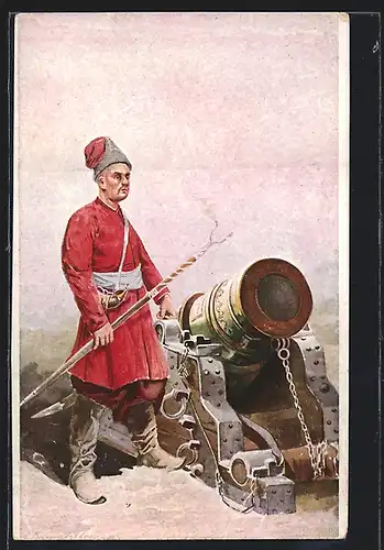 Künstler-AK Russischer Soldat an Kanone