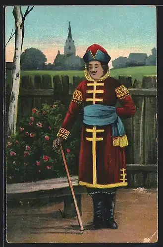 AK Russischer Mann mit Spazierstock und blauer Schärpe am roten Mantel