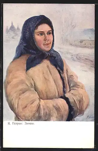 AK Polnische Frau mit Kopftuch und Wintermantel