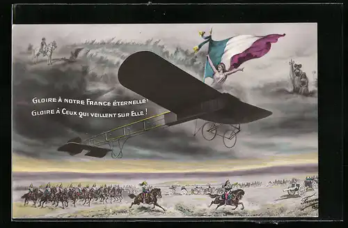 AK Marianne fliegt über stürmendem Militär, Gloire à notre France éternelle
