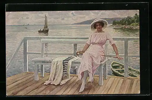 Künstler-AK Paul Fischer: Vor dem Bade, Dame sitzt auf einem Steg