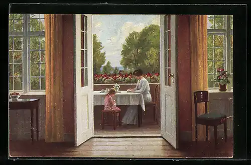 Künstler-AK sign. N. Holtmark: Auf der Veranda