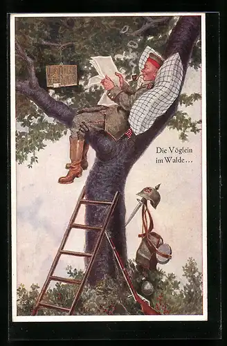 Künstler-AK H.S.B.: Die Vöglein im Walde - Soldat mit Zeitung und Vogelkäfig auf einem Baum
