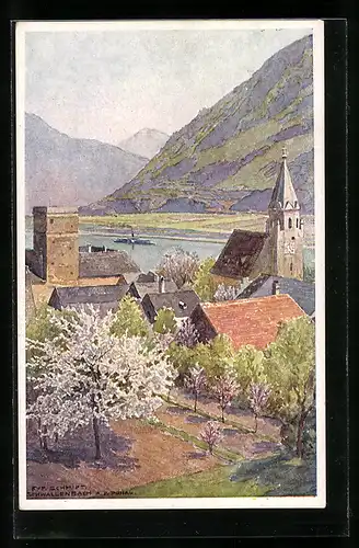 Künstler-AK Rudolf Schmidt: Schwallenbach a. d. Donau, Ortsansicht mit Dampfer