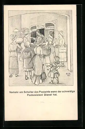 Künstler-AK H. Starkloff: Damen kommen zum Postamt um den schneidigen Postassitenten zu sehen