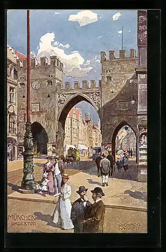 Künstler-AK Richard Wagner: München, Karlstor, Postkutsche & Strassenbahn