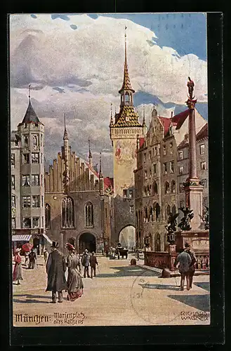 Künstler-AK Richard Wagner: München, Rathaus und Partie auf dem Marienplatz