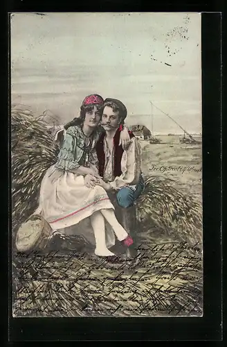 Künstler-AK Charles Scolik: Pärchen sitzt Arm in Arm auf einem Heuhaufen