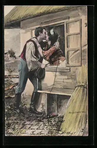 Künstler-AK Charles Scolik: Angler küsst seine Geliebte durchs Fenster